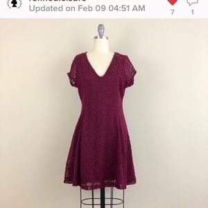Express Maroon Lace V-Neck Fit And Flare Dress
